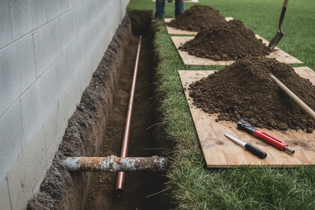 Excavated water line trench during Water Heater Repair in Greencastle